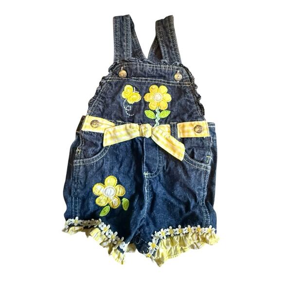 Vtg Denim Overall Shorts Yellow Gingham Bows Floral Embroidery 18 Months Daisy - Picture 1 of 5